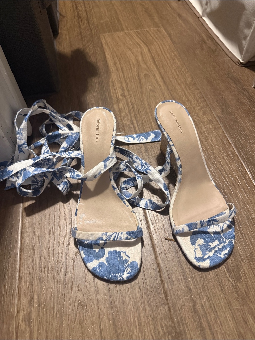 Reformation Blue and White Floral Lace-Up Heels